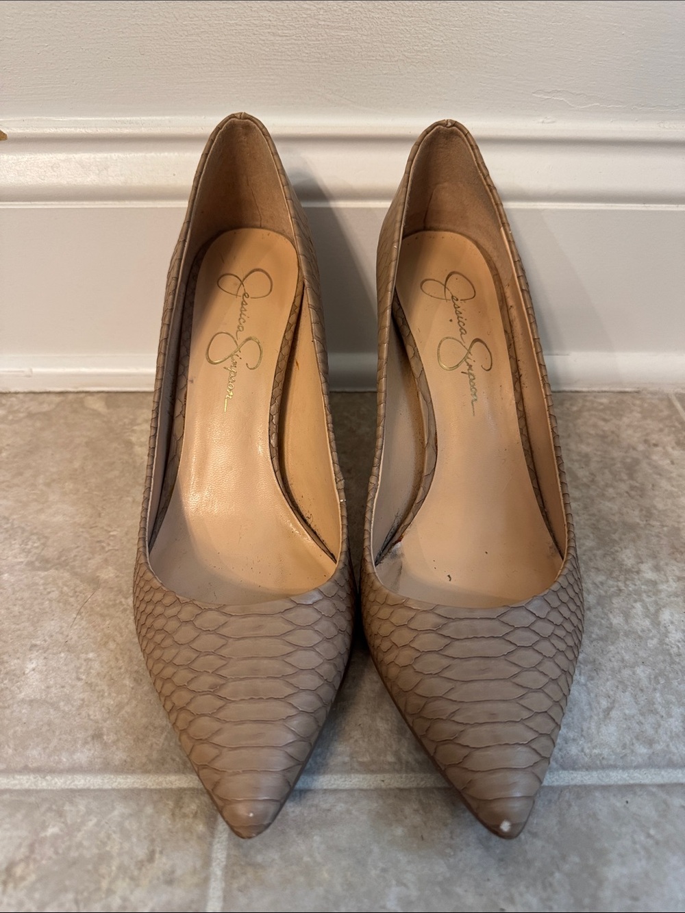 Jessica Simpson Taupe Snakeskin Pointed-Toe Pumps